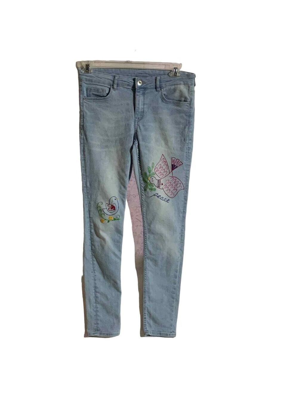 Divided H&M bespoke custom embroidered straight jean skinny peace dove bird boho
